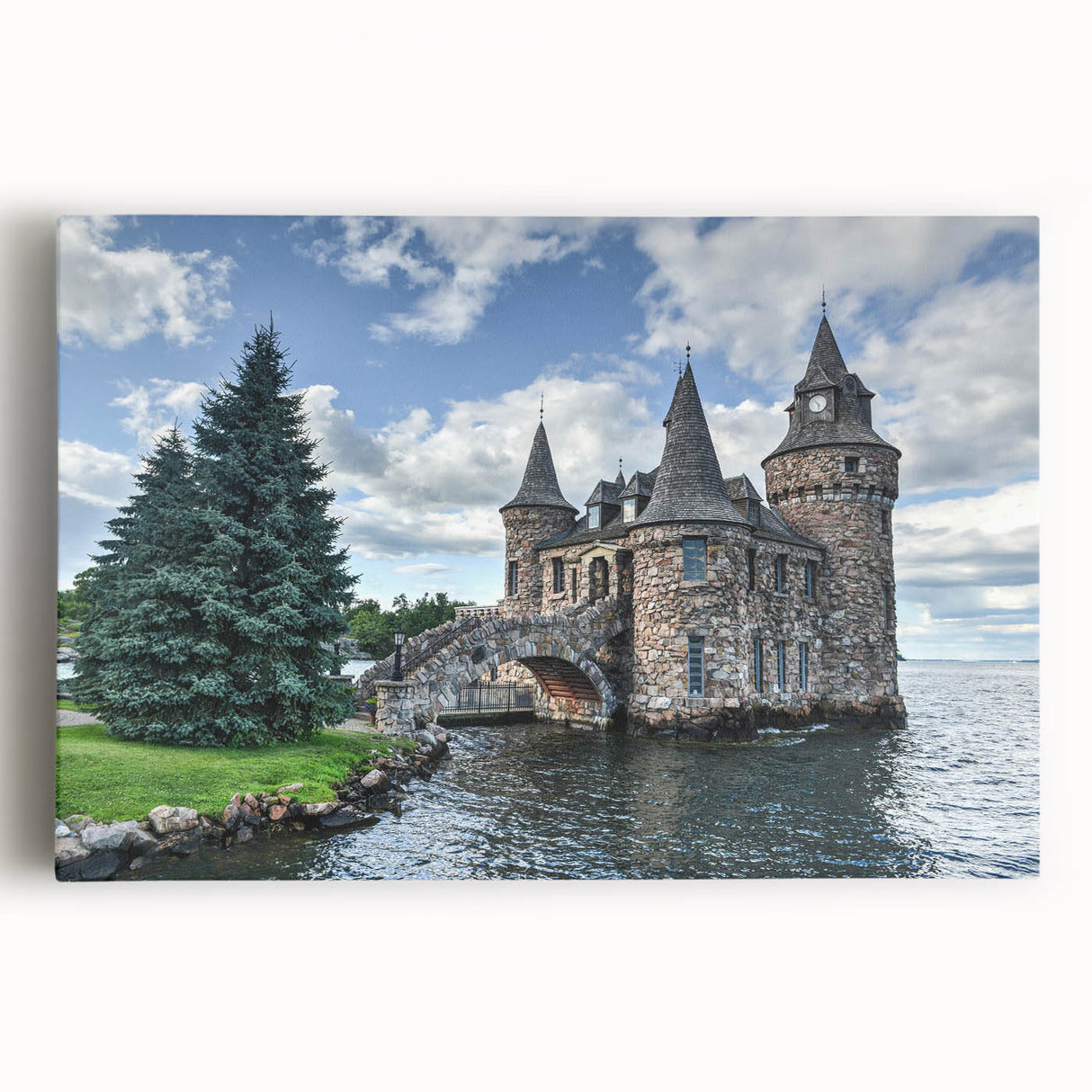 Stretched canvas wall art showcasing a vibrant landscape of medieval castles set against a dramatic sunset, ideal for enhancing home decor and art collections.