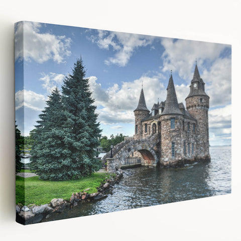 Stretched canvas wall art showcasing a breathtaking landscape with a majestic castle, vibrant colors, and detailed textures, ideal for home decor enhancement.