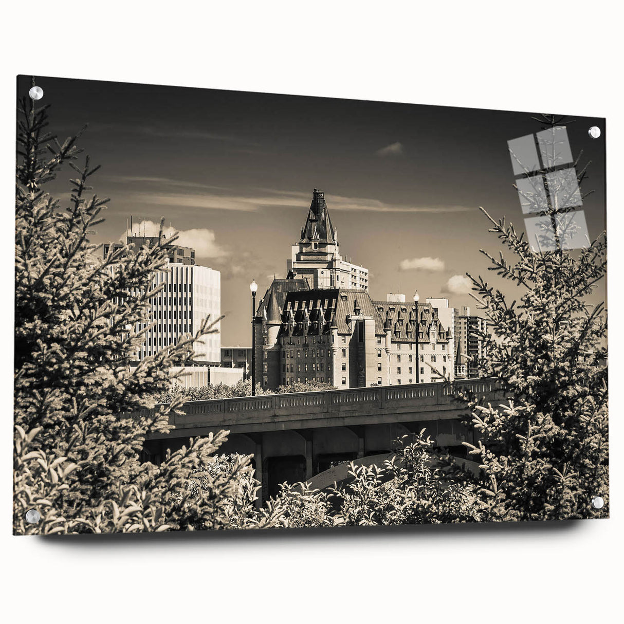 Beautiful acrylic glass wall art collection showcasing a side view of a scenic landscape with a castle, featuring vibrant colors and intricate details, ideal for home decor.