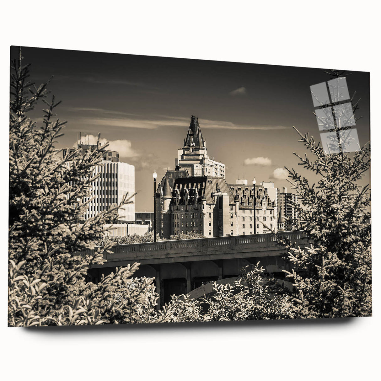 Acrylic glass wall art depicting a stunning landscape featuring a majestic castle, showcasing vivid colors and intricate details, designed for elegant home decor.