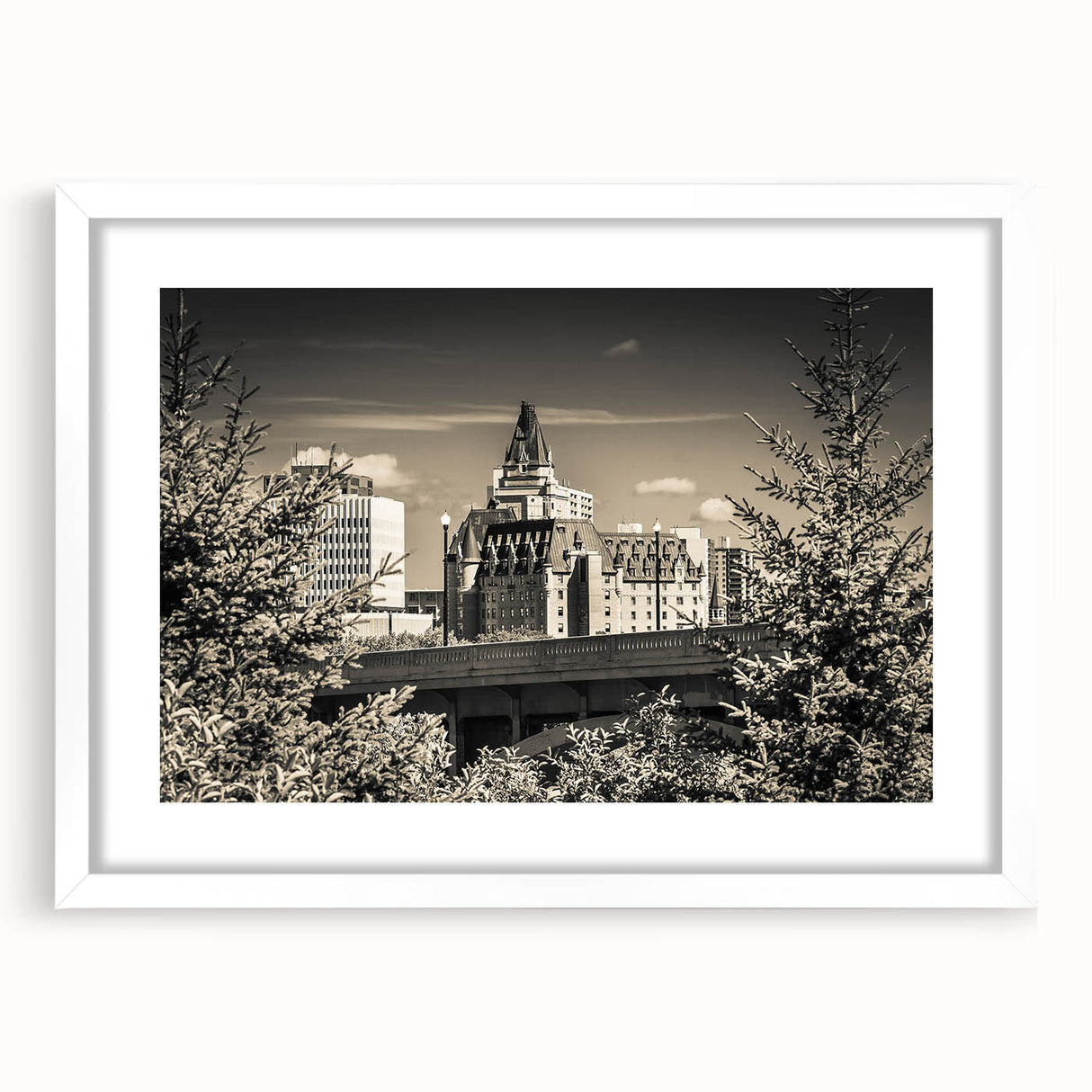 Elegant white-framed wall art featuring a stunning landscape castle design, showcasing vibrant colors and intricate details, perfect for home decor and interior design enthusiasts.