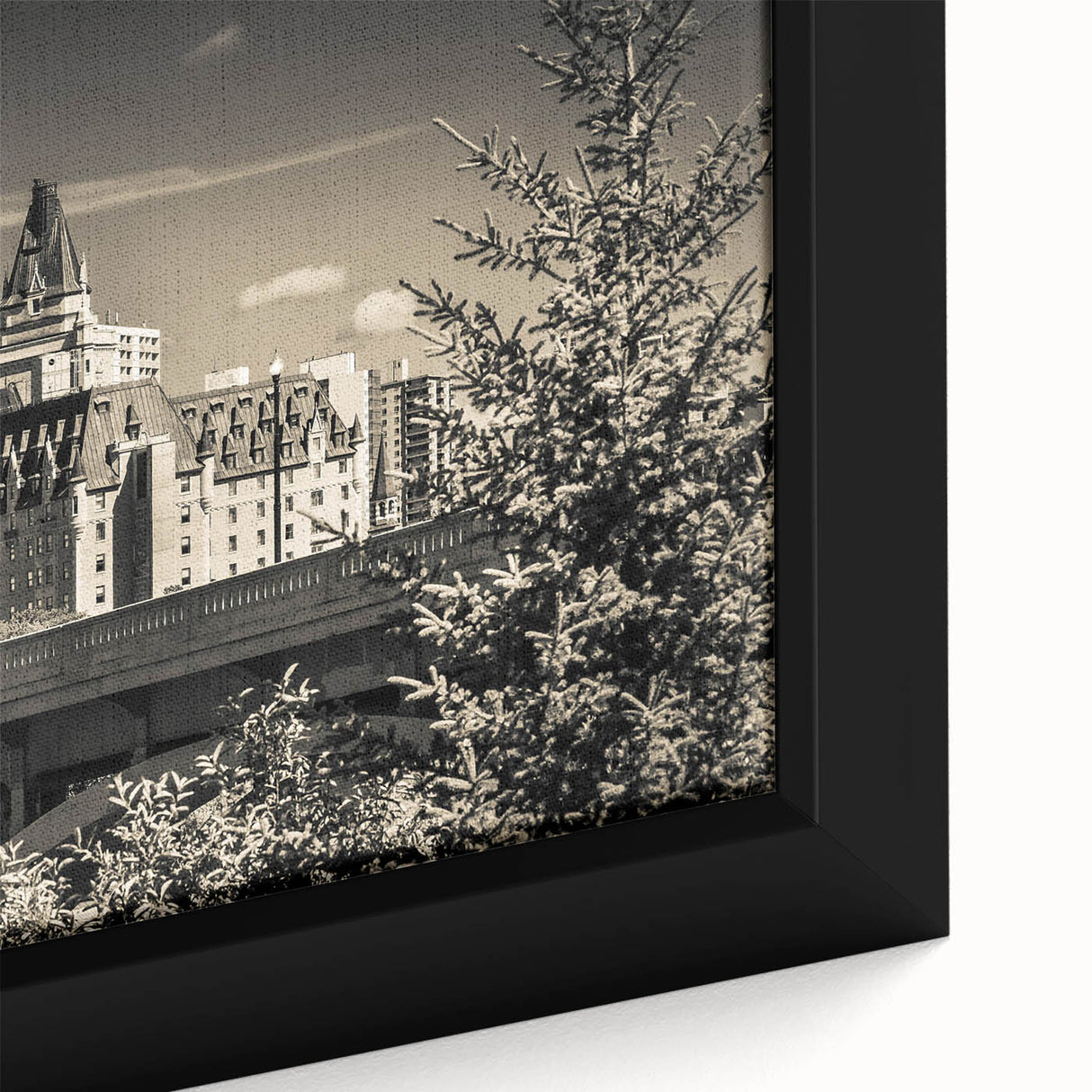 Close-up of a framed canvas artwork showcasing a detailed landscape of a majestic castle surrounded by lush greenery, highlighting intricate design elements and vibrant colors, perfect for home decor enthusiasts.
