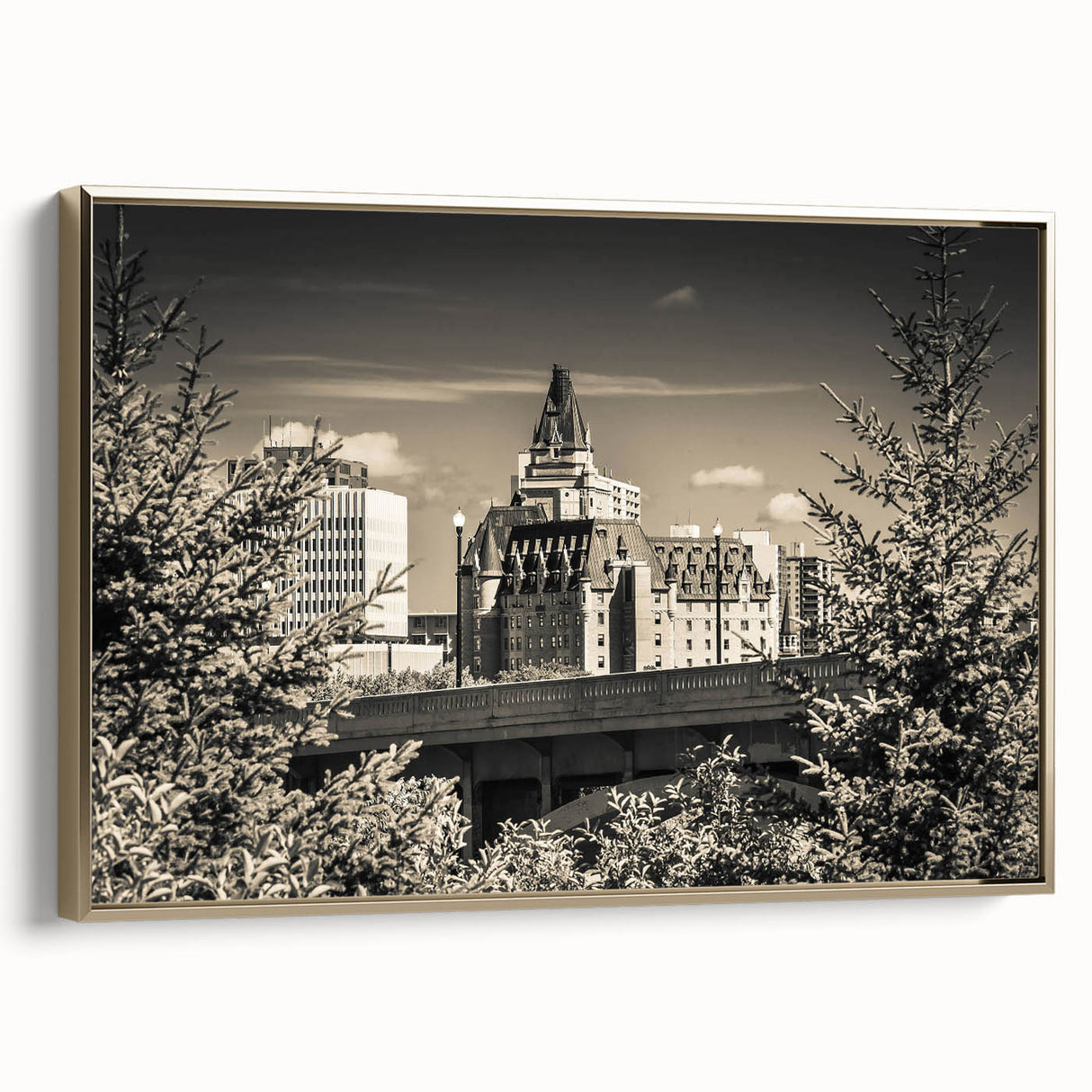 Framed canvas wall art collection showcasing a stunning landscape with a castle, featuring elegant gold accents, perfect for enhancing home decor.