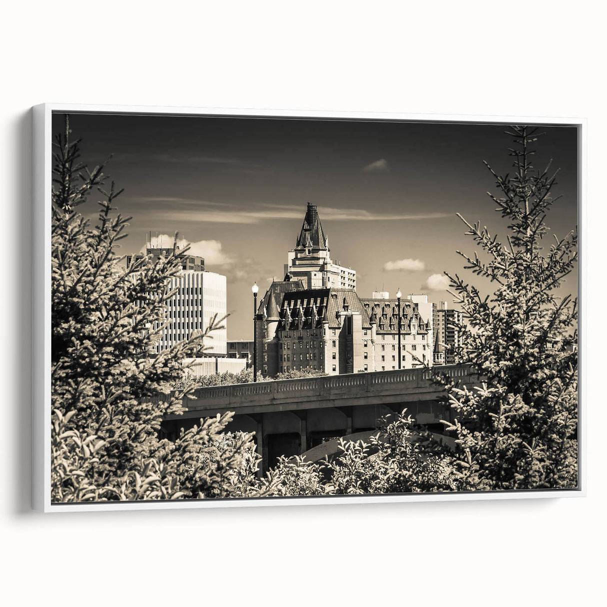 Framed canvas wall art showcasing a picturesque landscape with a majestic castle, featuring vibrant colors and intricate details, ideal for home decor.