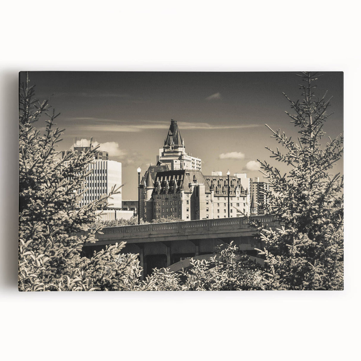Stretched canvas artwork depicting a vibrant landscape of a historic castle surrounded by lush greenery, perfect for home decor, emphasizing rich colors and intricate details.