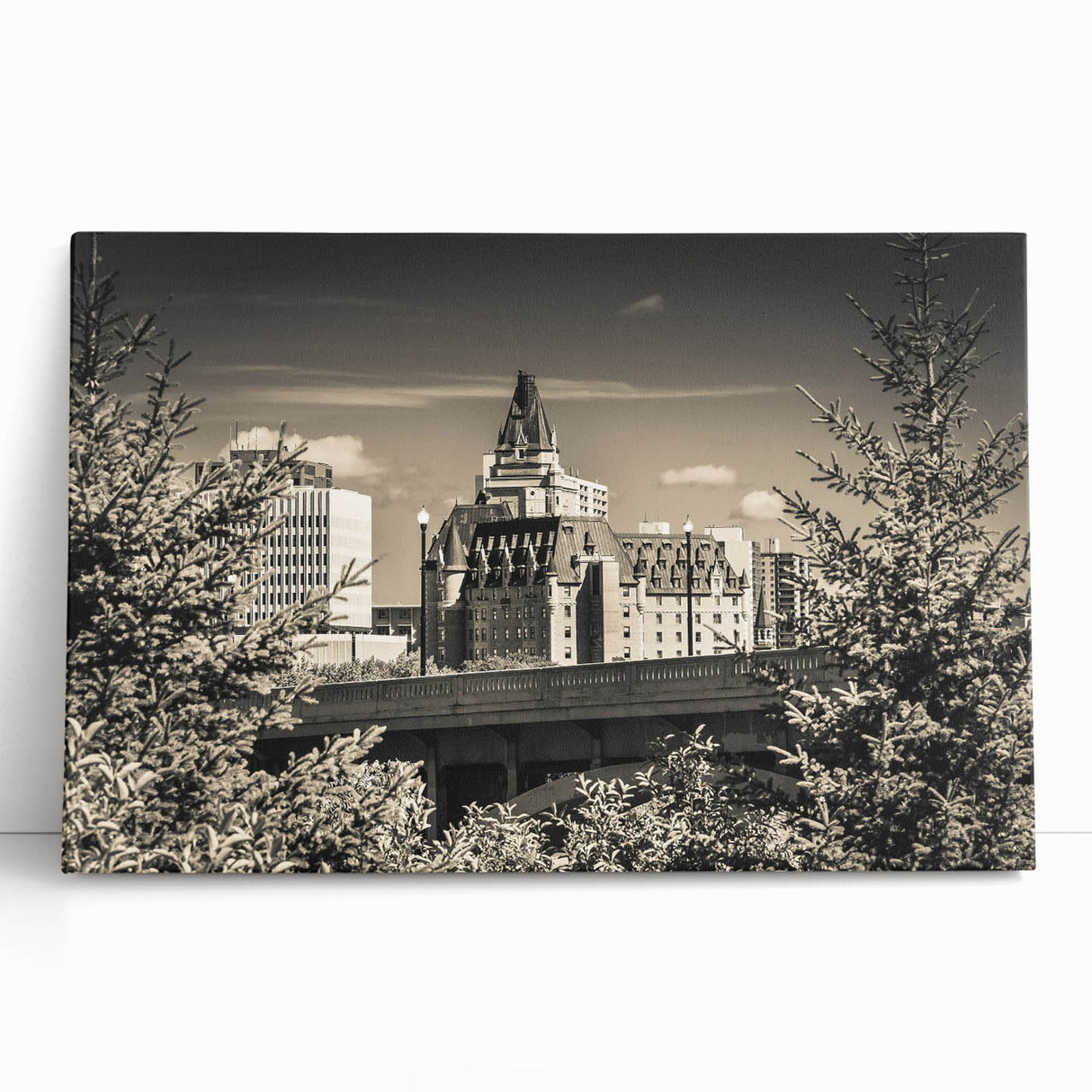 Stretched canvas wall art showcasing a picturesque landscape with a majestic castle, featuring vibrant colors and intricate details, perfect for home décor.