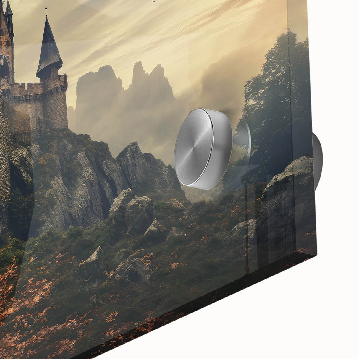 Close-up of a vibrant acrylic wall art piece showcasing a stunning landscape with castles, featuring rich colors and intricate details, perfect for home decor.