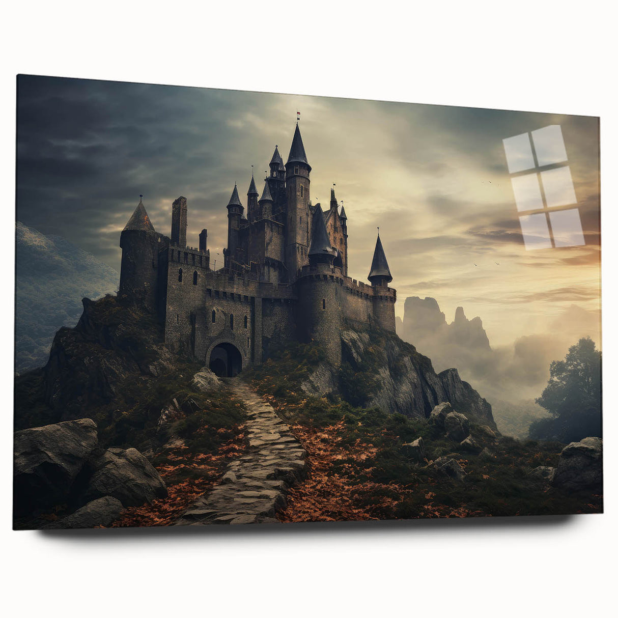 Acrylic glass wall art featuring a stunning landscape of a castle, displayed from a side view without pins, showcasing vibrant colors and intricate details, perfect for home decor.