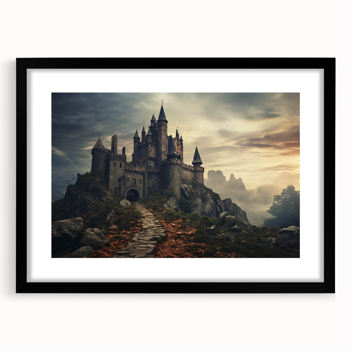 Framed wall art featuring a landscape of a castle, presented in a sleek black frame with a white mat, ideal for home decor to enhance interior design aesthetics.