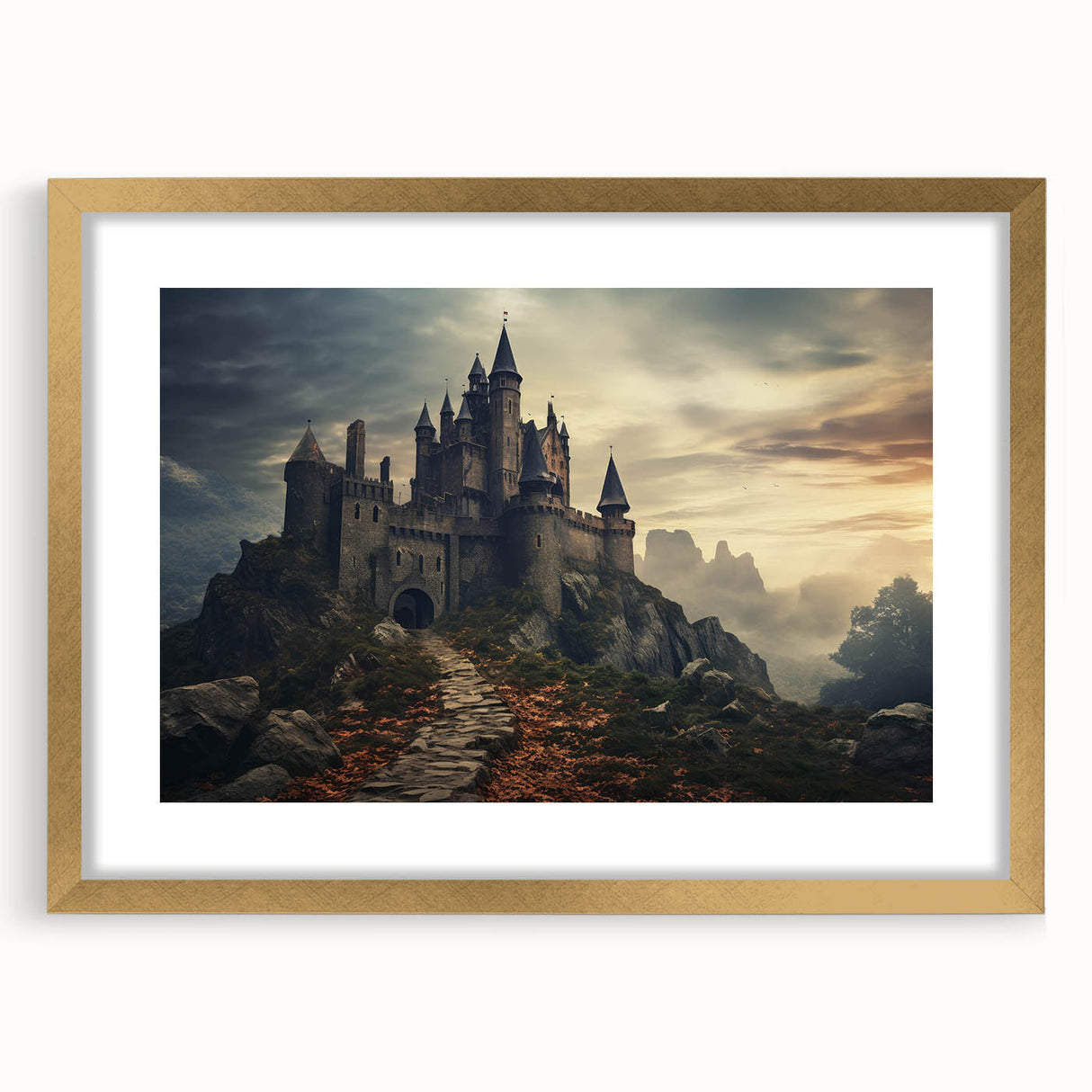 Elegant framed wall art featuring a stunning landscape of a historic castle, presented with a gold mat and frame. Perfect decor for home or office settings, showcasing intricate details and rich colors. Ideal for enhancing interior aesthetics.
