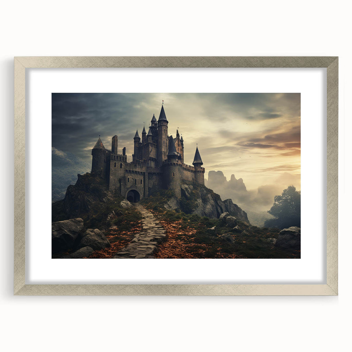 Framed wall art collection showcasing a picturesque castle landscape design in a silver frame with a mat, ideal for enhancing home decor.
