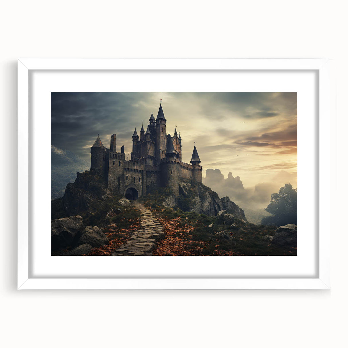 Framed wall art showcasing a stunning landscape castle design, featuring a white mat and elegant frame, ideal for enhancing home decor with a touch of sophistication.