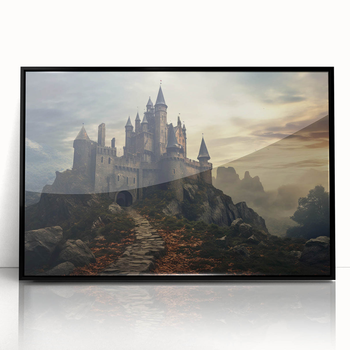 Framed acrylic wall art showcasing a stunning landscape with a castle, featuring a black frame. Ideal for enhancing home decor with elegance and charm.