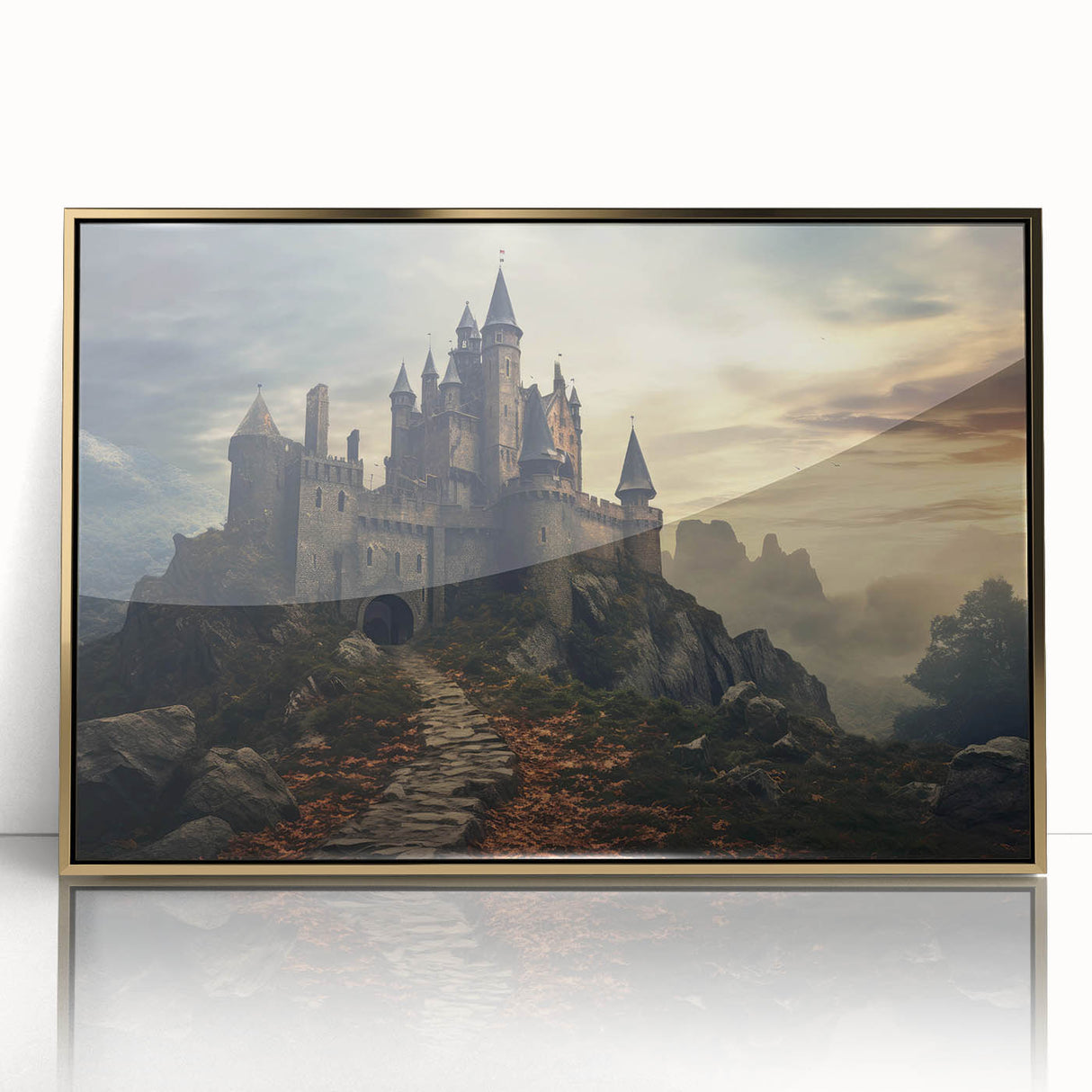 Framed acrylic wall art showcasing a stunning landscape castle design, featuring gold accents and a sleek front view, perfect for enhancing home decor.