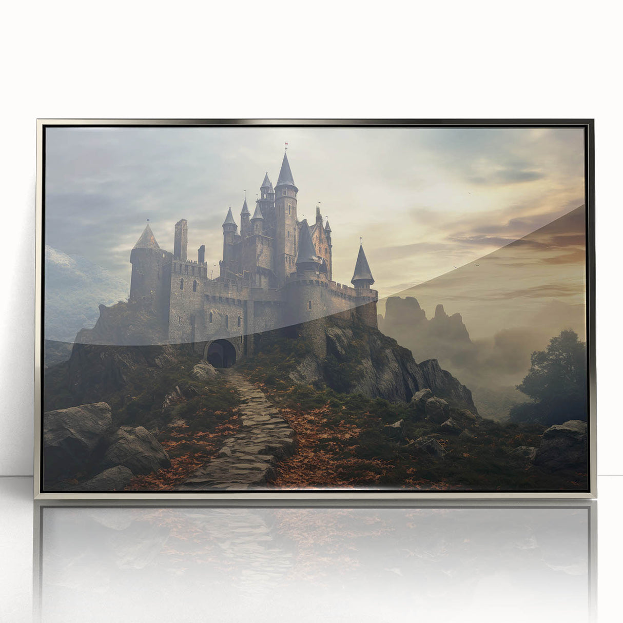Framed wall art collection featuring a landscape with a majestic castle design in silver acrylic, perfect for enhancing home decor with elegance.