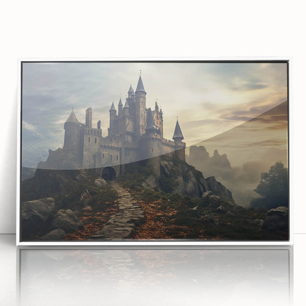 Framed acrylic wall art featuring a stunning castle landscape design, showcased in a sleek white frame, perfect for enhancing modern home decor aesthetics.