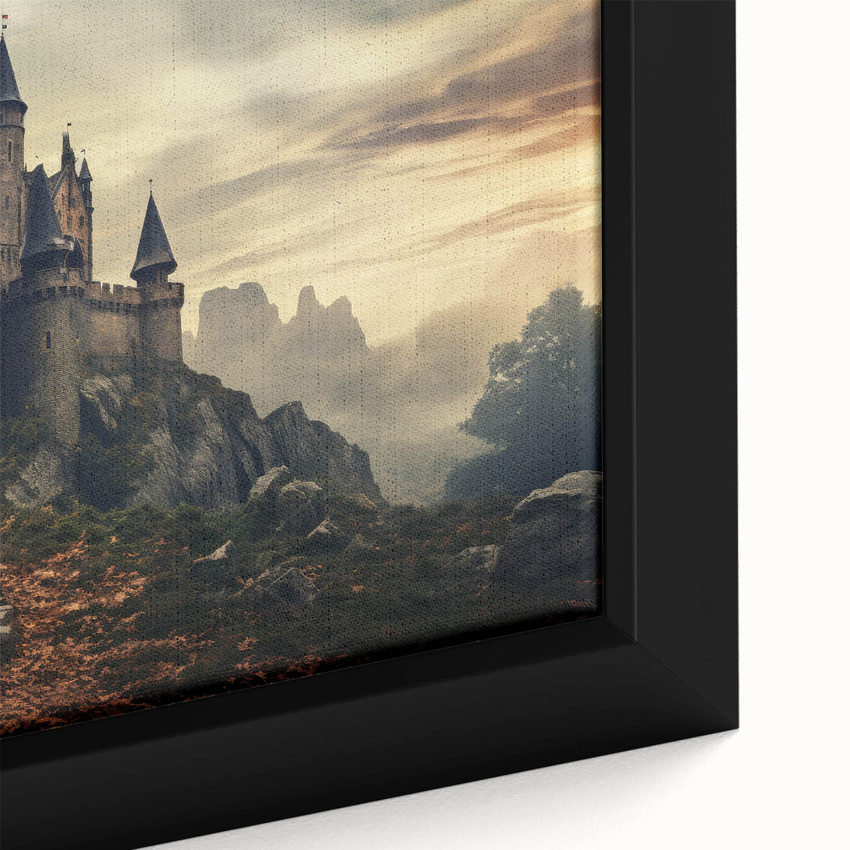 Framed canvas wall art showcasing a detailed close-up of a vibrant landscape castle design, featuring rich colors and intricate textures, ideal for home decor.