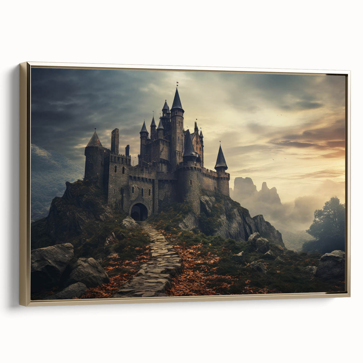 Framed canvas wall art featuring a stunning landscape with a majestic castle, surrounded by lush greenery and a serene sky, perfect for home decor.