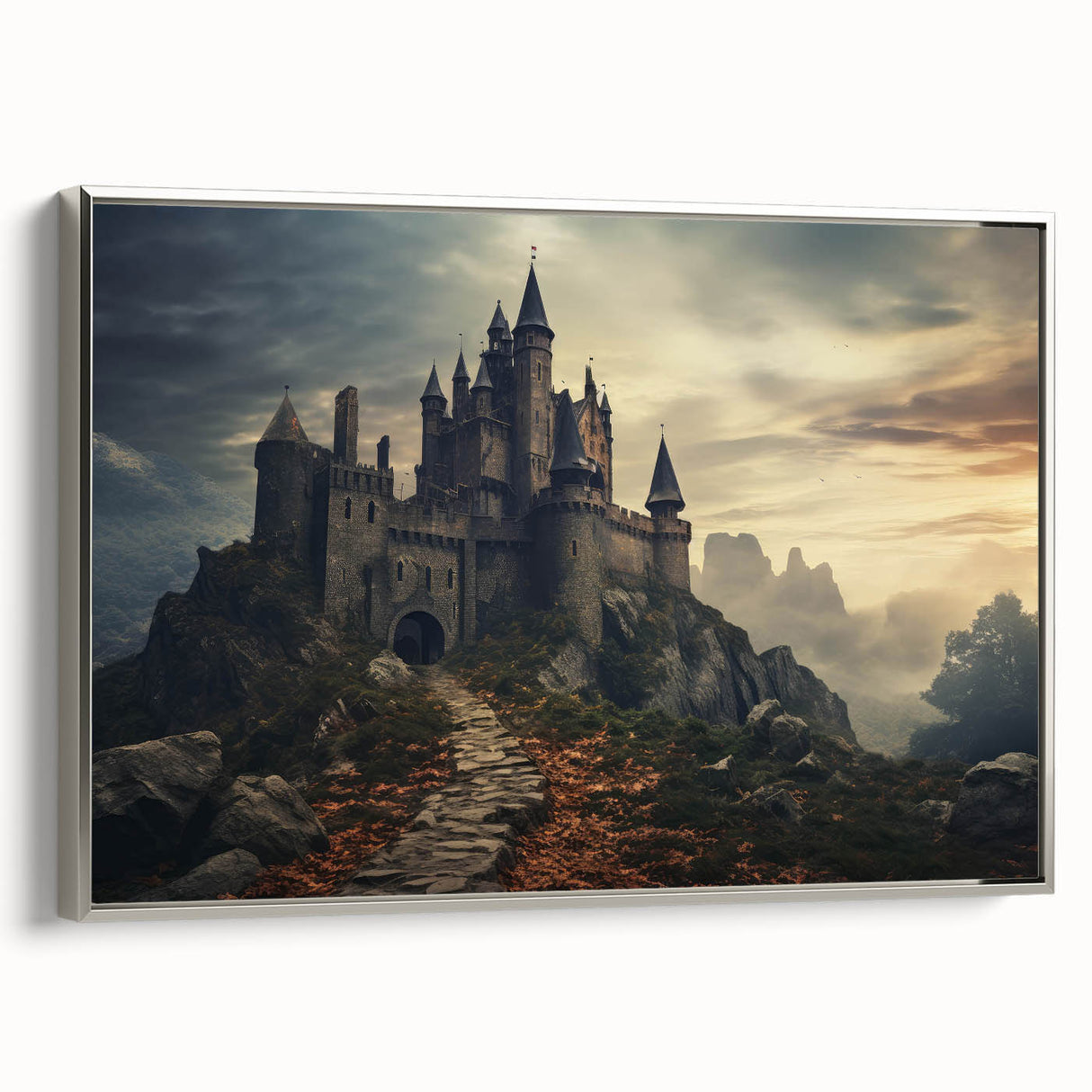 Framed canvas wall art showcasing a stunning landscape with a medieval castle, featuring silver accents and a side view perspective, perfect for elegant home decor.