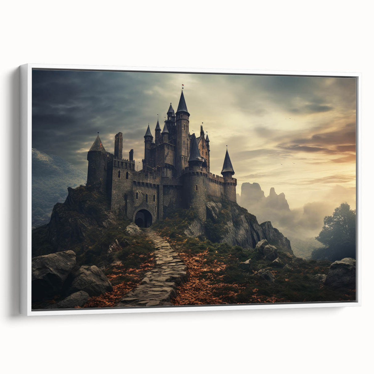 Framed canvas wall art showcasing a picturesque landscape with a historic castle, featuring vibrant colors and intricate details, ideal for home decor.