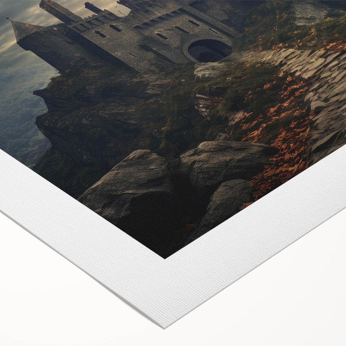 Rolled canvas artwork showcasing a vibrant landscape with a majestic castle, featuring rich colors and intricate details, ideal for home decor enthusiasts.
