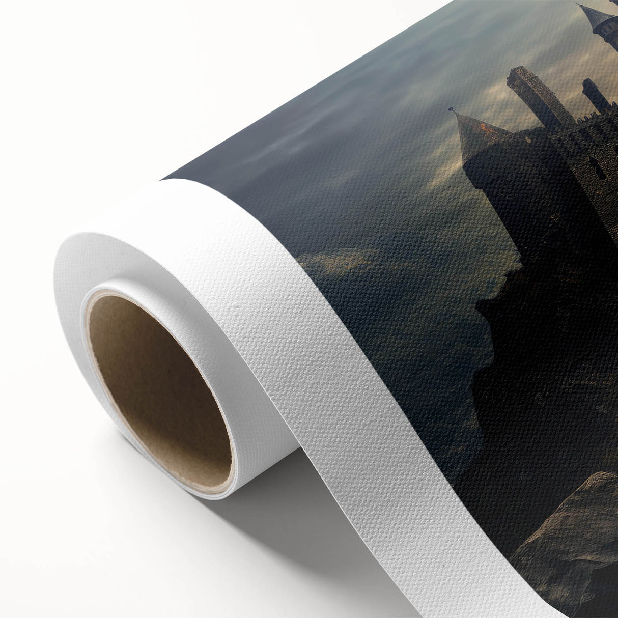 Rolled canvas showcasing a stunning landscape castle design, featuring vibrant colors and intricate details, ideal for enhancing home decor aesthetics.