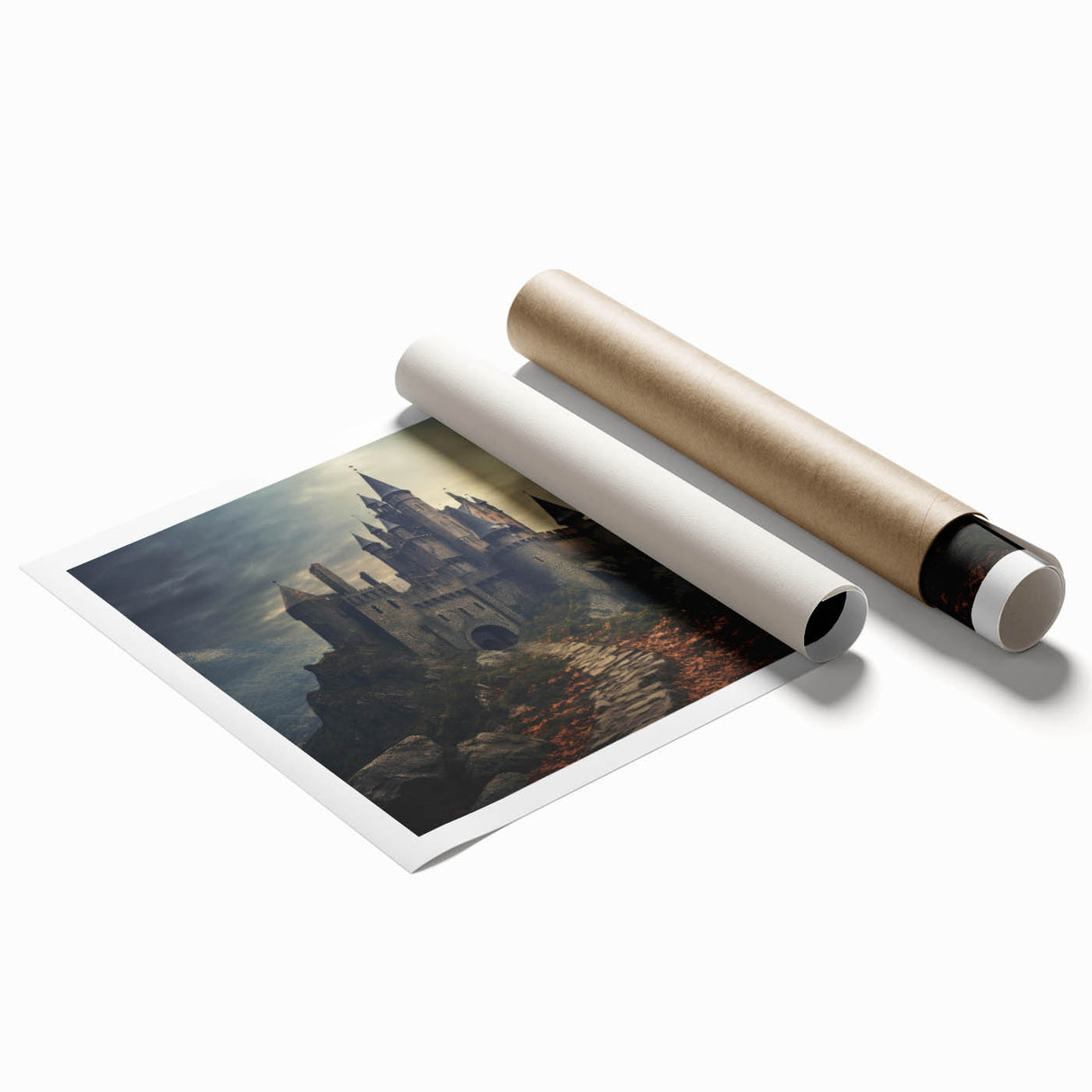 Rolled print of a stunning castle landscape design, showcasing vibrant colors and intricate details, ideal for enhancing home decor with a touch of elegance.