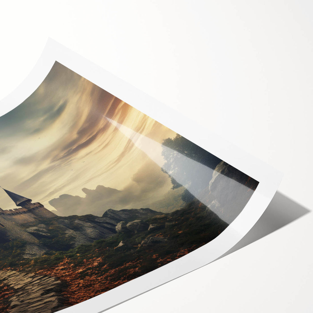 Rolled print showcasing a stunning landscape of a majestic castle, featuring vibrant colors and intricate details, perfect for home decor or art collectors.