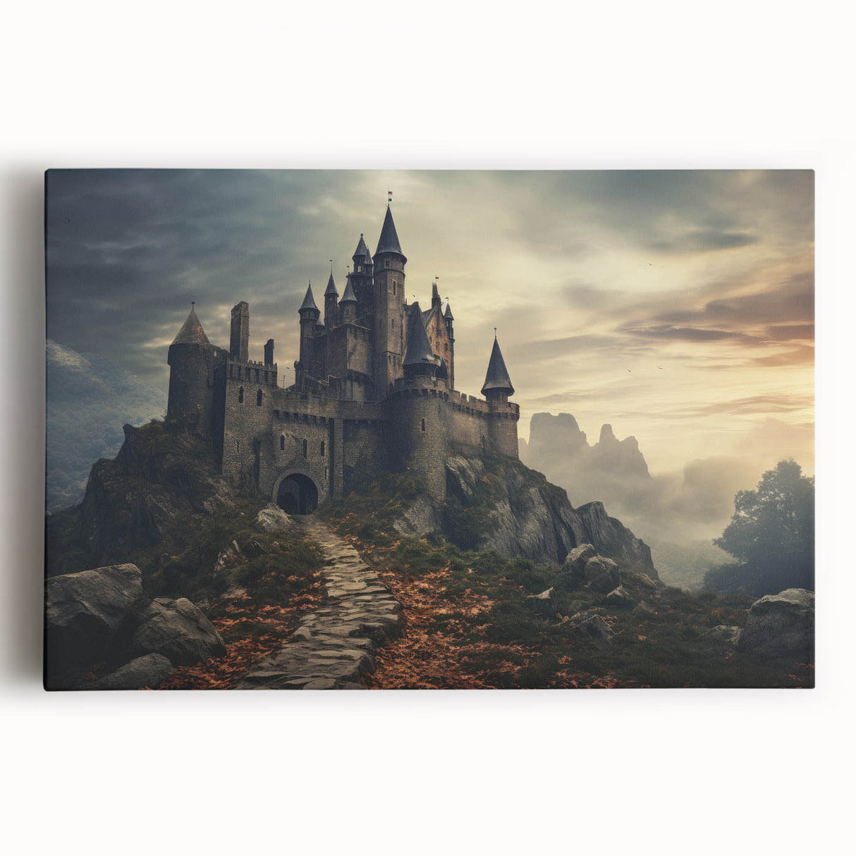 Stretched canvas wall art featuring a panoramic landscape of majestic castles surrounded by lush greenery, ideal for enhancing home decor with an elegant touch.