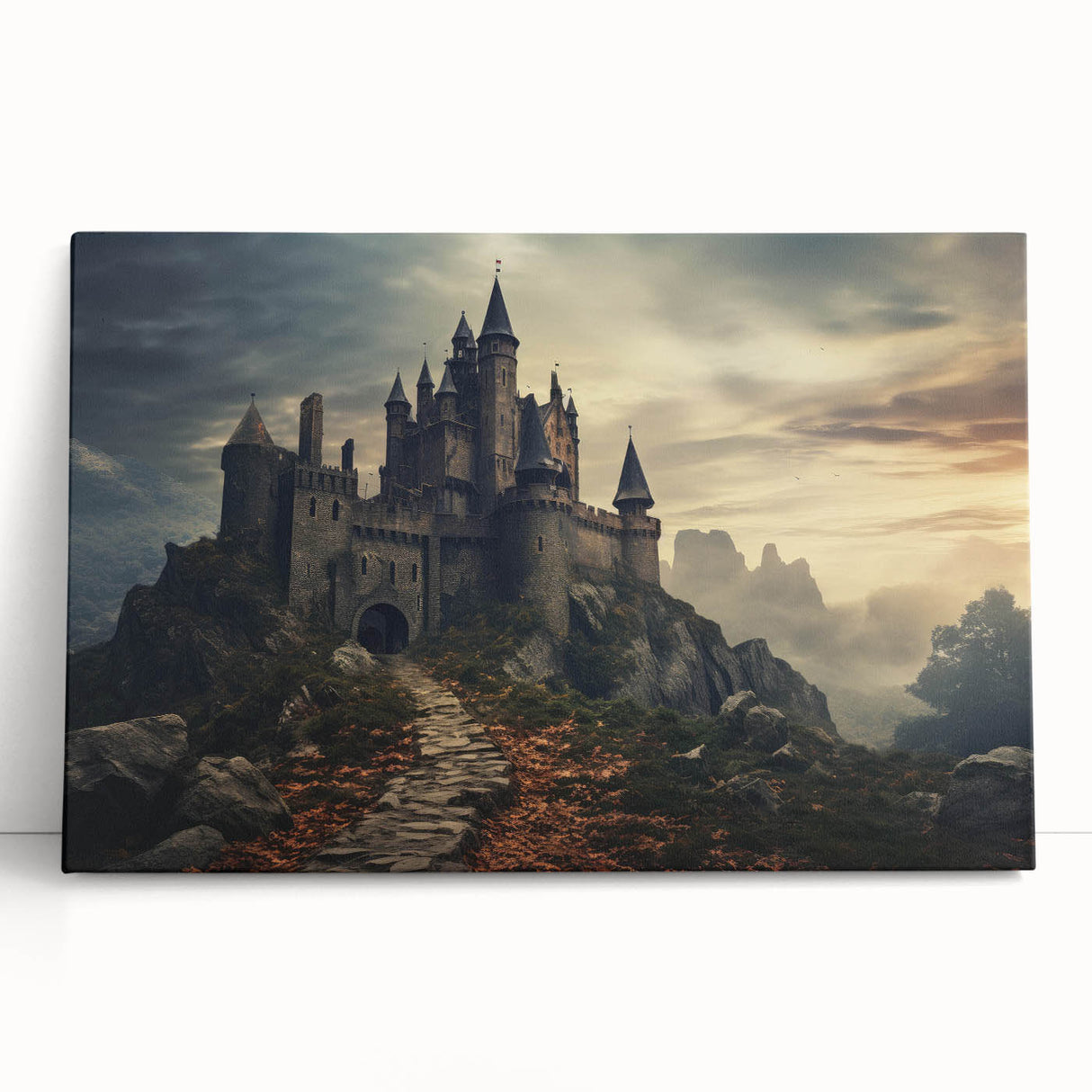 Stretched canvas wall art featuring a stunning landscape of a castle surrounded by vibrant greenery, perfect for home decor, adding elegance and charm to any space.