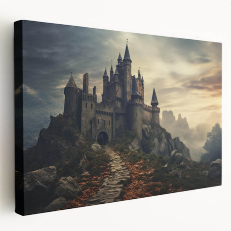 Stretched canvas showcasing a stunning landscape of a medieval castle surrounded by lush greenery, perfect for home decor or art collection. Ideal for enhancing interior aesthetics.
