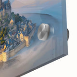 Close-up of a vibrant acrylic glass wall art piece showcasing a picturesque castle landscape, featuring rich colors and intricate details, perfect for home decor.