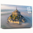 Acrylic glass wall art featuring a scenic landscape with a majestic castle, showcasing vibrant colors and intricate details, elegantly displayed with pins for wall mounting.