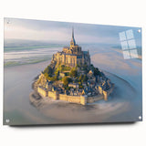 Acrylic glass wall art featuring a scenic landscape with a majestic castle, showcasing vibrant colors and intricate details, elegantly displayed with pins for wall mounting.