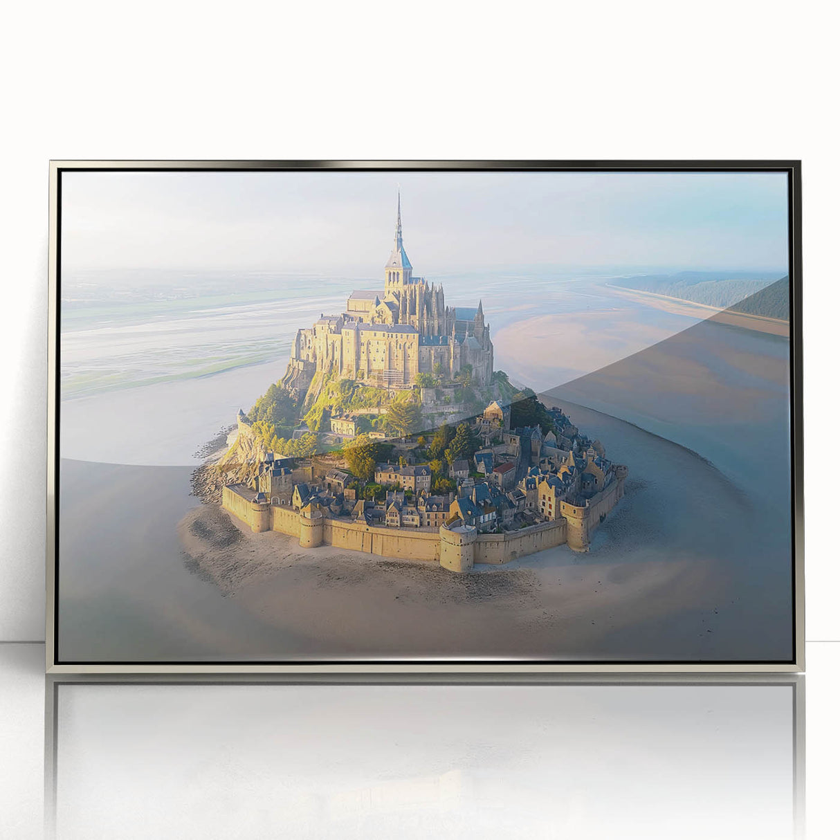 Framed wall art showcasing a stunning landscape castle design in acrylic with a silver frame, perfect for enhancing home decor and adding elegance to any room.