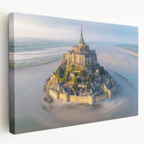 Stretched canvas wall art showcasing a vibrant landscape with a majestic castle, framed in a side view to highlight intricate details and colors, perfect for home decor.