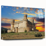 Side view of an acrylic glass wall art piece from the 'Landscapes and Castles' collection, showcasing vibrant colors and intricate designs, displayed with decorative pins. Perfect for enhancing any interior space.