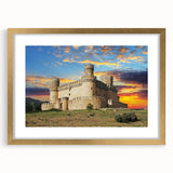 Elegant gold-framed wall art showcasing a picturesque landscape with a majestic castle, designed for home decor. The image highlights intricate details and vibrant colors, suitable for enhancing living spaces.