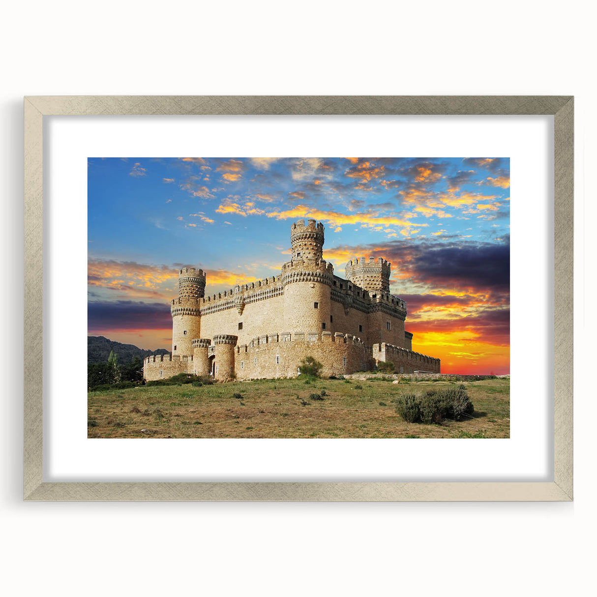 Framed wall art collection showcasing a stunning landscape castle design, featuring a silver mat and frame. Ideal for enhancing home decor with elegance.