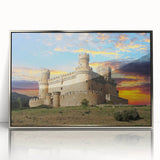 Framed wall art featuring a stunning landscape design of a majestic castle, elegantly presented with a silver frame, perfect for enhancing home decor.