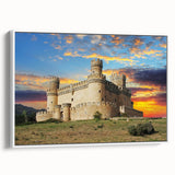 Framed canvas wall art showcasing a scenic landscape with a castle design, featuring a white frame and a side view perspective, ideal for home decor.