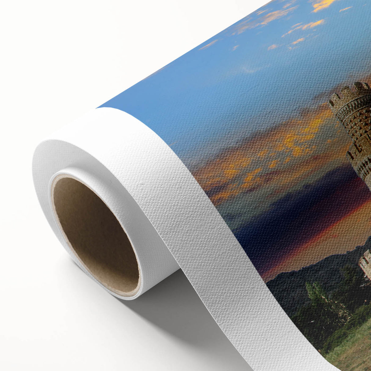 Rolled canvas artwork showcasing a vibrant landscape and castle design, featuring intricate details and rich colors, ideal for home decor or artistic display.