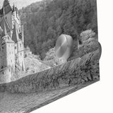 Close-up of a vibrant acrylic glass wall art piece showcasing a picturesque landscape with a castle, emphasizing intricate details and rich colors, ideal for home decor.