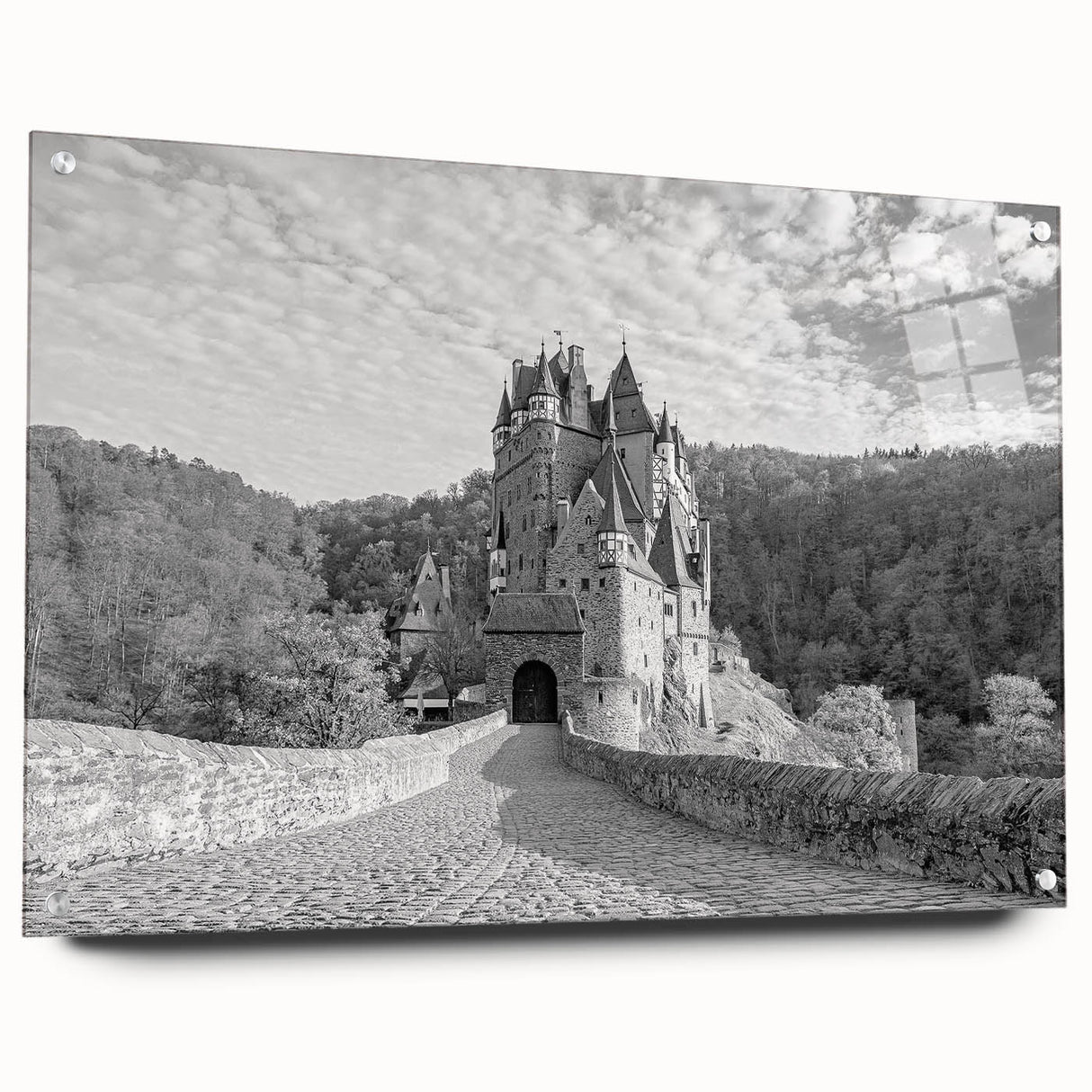 Acrylic glass wall art showcasing a side view of a stunning castle landscape design, elegantly displayed with decorative pins, ideal for enhancing interior decor.