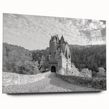 Acrylic wall art piece showcasing a stunning landscape with a medieval castle, displayed in a side view without pins, perfect for enhancing home decor.
