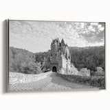 Framed canvas wall art showcasing a stunning landscape castle design, featuring intricate details and a silver frame, perfect for enhancing home décor.