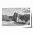 Rolled print of a stunning landscape featuring a medieval castle surrounded by lush greenery and a vibrant blue sky, ideal for home decor and art lovers.