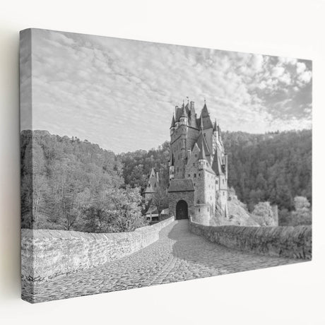 Stretched canvas wall art showcasing an intricate landscape design of a majestic castle, featuring vibrant colors and detailed textures, perfect for home decor.
