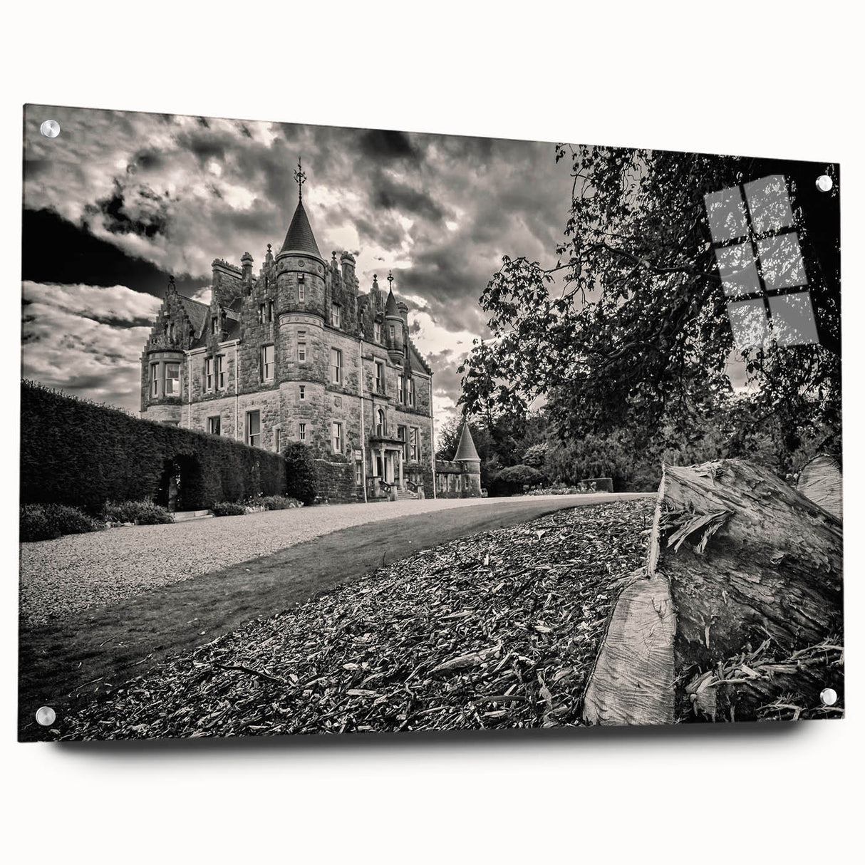 Acrylic glass wall art collection showcasing a side view of a castle landscape design, elegantly displayed with pins for easy installation, perfect for home decor.