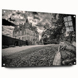 Acrylic glass wall art collection showcasing a side view of a castle landscape design, elegantly displayed with pins for easy installation, perfect for home decor.